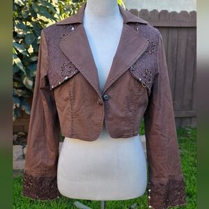 Now USA Y2K Vintage Brown Embroidered Lace Cropped Jacket